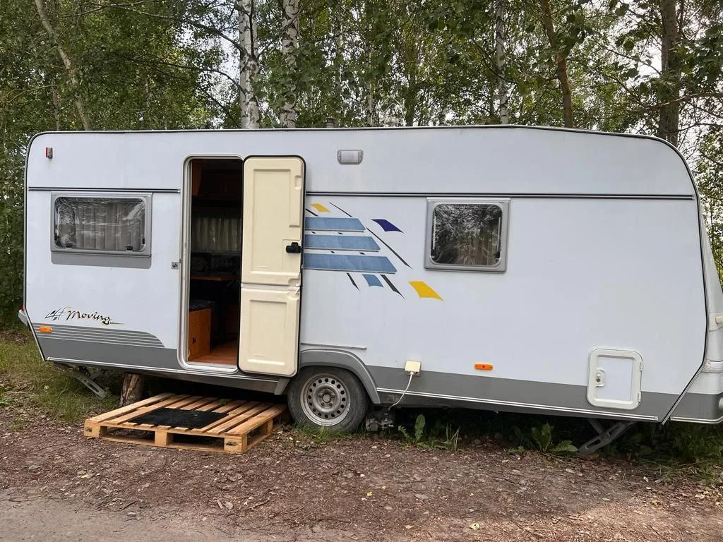 Жилой прицеп-домик среди берёз